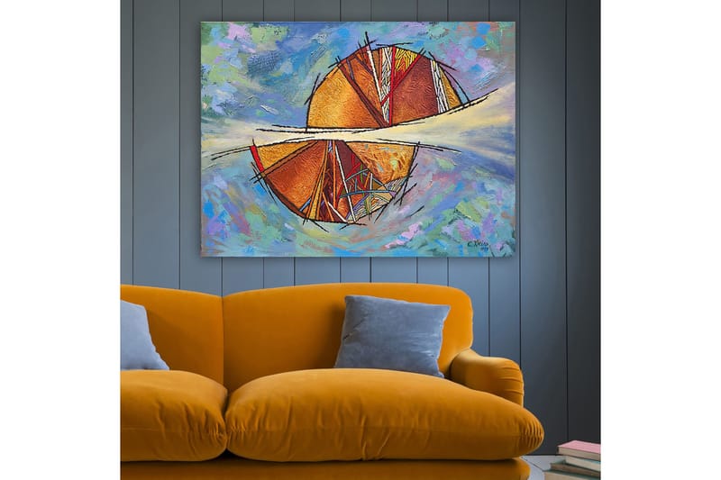 Canvas taulu 70x100 cm - Abstrakti sommitelma pyöreillä muodoilla ja geometrisilla kuvioilla lämpimissä väreissä - Kulta / Punainen / Oranssi - Sisustustuotteet - Taulu & taide - Canvas-taulu
