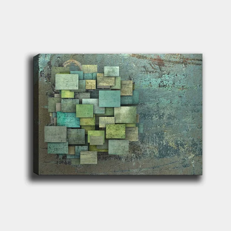 Canvas taulu 70x100 cm - Abstrakti sommitelma päällekkäisistä neliöistä eri vihreän ja sinisen sävyissä, Vihreä / Turkoosi / Sininen