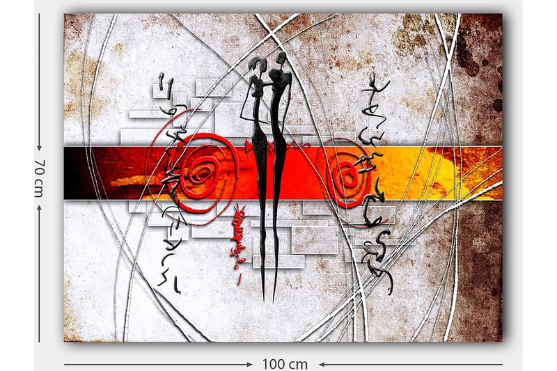 Canvas taulu 70x100 cm - Abstrakti taide, jossa kaksi tyyliteltyä hahmoa seisoo lähellä toisiaan spiraalien ja viivojen ympäröimänä - Punainen / Musta / Oranssi - Sisustustuotteet - Taulu & taide - Canvas-taulu