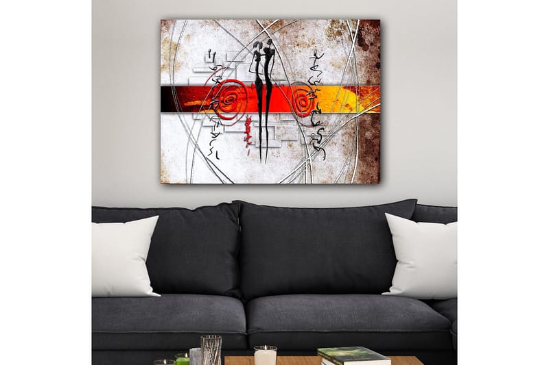 Canvas taulu 70x100 cm - Abstrakti taide, jossa kaksi tyyliteltyä hahmoa seisoo lähellä toisiaan spiraalien ja viivojen ympäröimänä - Punainen / Musta / Oranssi - Sisustustuotteet - Taulu & taide - Canvas-taulu