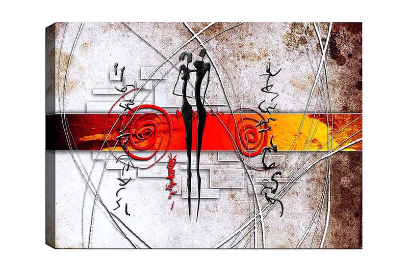 Canvas taulu 70x100 cm - Abstrakti taide, jossa kaksi tyyliteltyä hahmoa seisoo lähellä toisiaan spiraalien ja viivojen ympäröimänä, Punainen / Musta / Oranssi