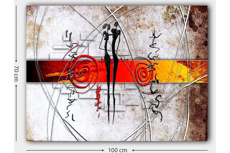 Canvas taulu 70x100 cm - Abstrakti taide, jossa kaksi tyyliteltyä hahmoa seisoo lähellä toisiaan spiraalien ja viivojen ympäröimänä - Punainen / Musta / Oranssi - Sisustustuotteet - Taulu & taide - Canvas-taulu