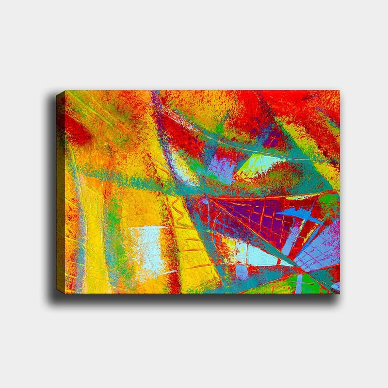 Canvas taulu 70x100 cm - Abstrakti taideteos, jonka eloisat värit ja dynaamiset muodot luovat liikkeen tunteen, Punainen / Keltainen / Sininen