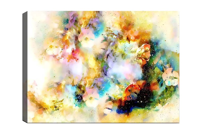 Canvas taulu 70x100 cm - Abstrakti taideteos, jonka väriräjähdykset luovat unenomaisen tunnelman, Sininen / Keltainen / Vaaleanpunainen