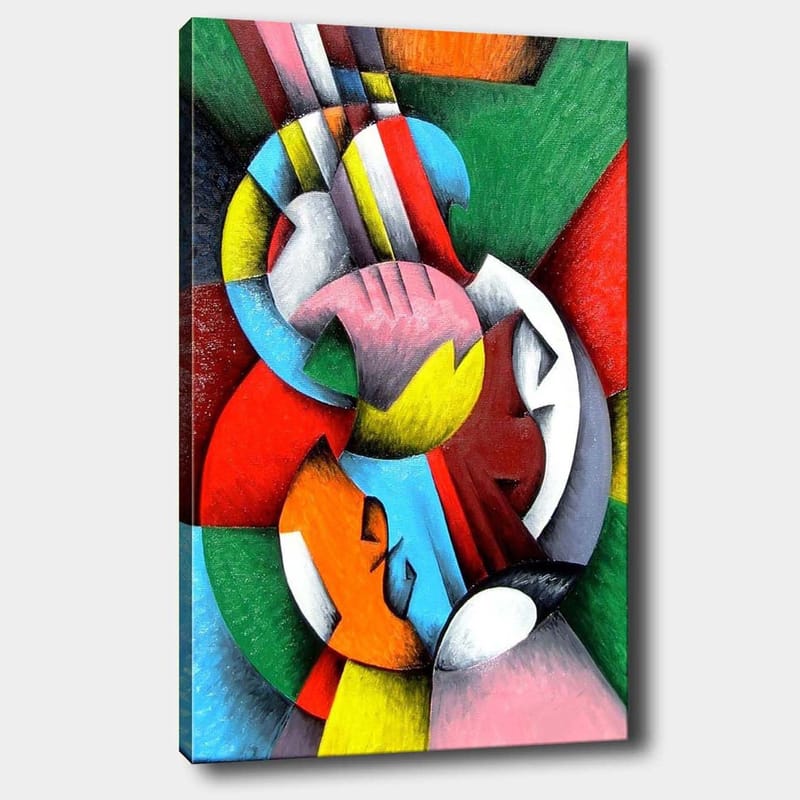 Canvas taulu 70x100 cm - Abstrakti taideteos, jonka pääaiheena on viulu, jota ympäröivät värikkäät geometriset muodot, Punainen / Vihreä / Sininen