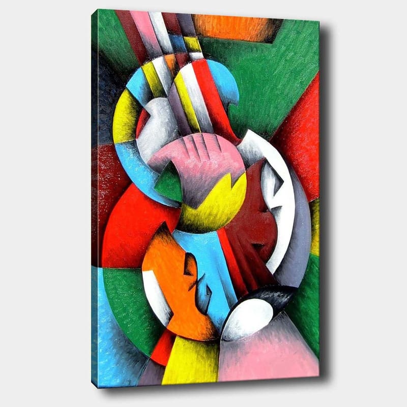 Canvas taulu 70x100 cm - Abstrakti taideteos, jonka pääaiheena on viulu, jota ympäröivät värikkäät geometriset muodot, Punainen / Vihreä / Sininen