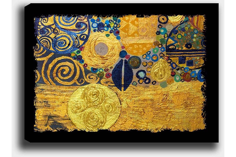 Canvas taulu 70x100 cm - Abstrakti taideteos, jossa kultaiset ympyrät ja mustat spiraalit luovat dynaamisen sommitelman - Kulta / Sininen / Musta - Sisustustuotteet - Taulu & taide - Canvas-taulu