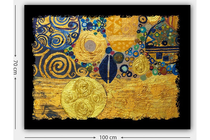 Canvas taulu 70x100 cm - Abstrakti taideteos, jossa kultaiset ympyrät ja mustat spiraalit luovat dynaamisen sommitelman - Kulta / Sininen / Musta - Sisustustuotteet - Taulu & taide - Canvas-taulu