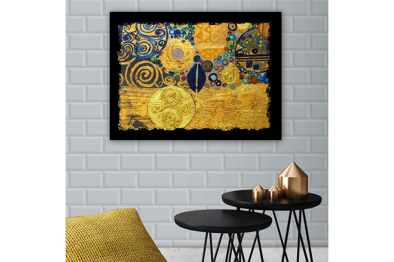 Canvas taulu 70x100 cm - Abstrakti taideteos, jossa kultaiset ympyrät ja mustat spiraalit luovat dynaamisen sommitelman, Kulta / Sininen / Musta