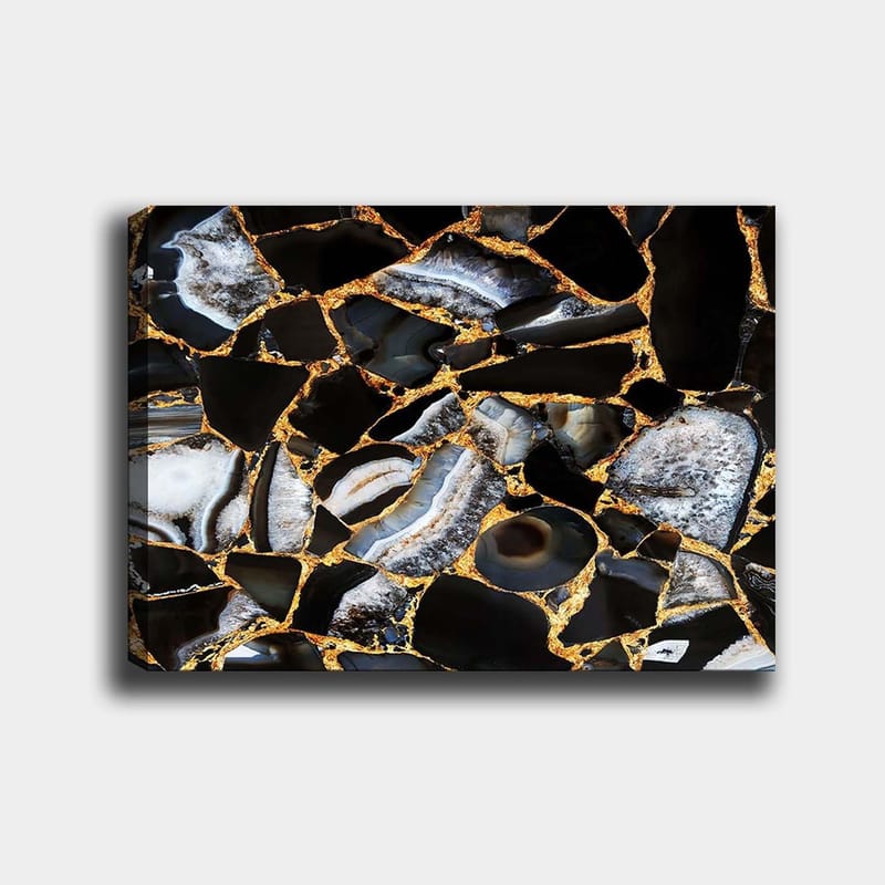Canvas taulu 70x100 cm - Abstrakti taideteos, jossa on mustia ja harmaita kiviä sekä kultaisia elementtejä, Musta / Harmaa / Kulta