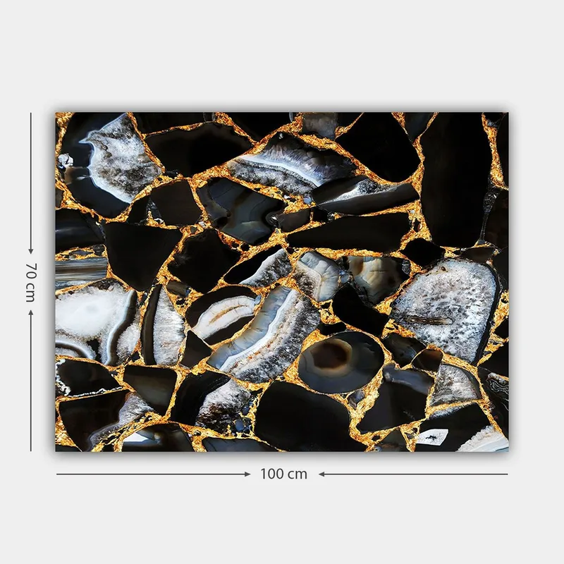 Canvas taulu 70x100 cm - Abstrakti taideteos, jossa on mustia ja harmaita kiviä sekä kultaisia elementtejä - Musta / Harmaa / Kulta - Sisustustuotteet - Taulu & taide - Canvas-taulu