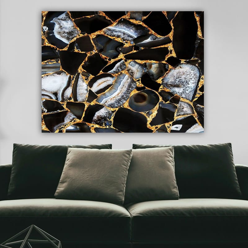 Canvas taulu 70x100 cm - Abstrakti taideteos, jossa on mustia ja harmaita kiviä sekä kultaisia elementtejä - Musta / Harmaa / Kulta - Sisustustuotteet - Taulu & taide - Canvas-taulu