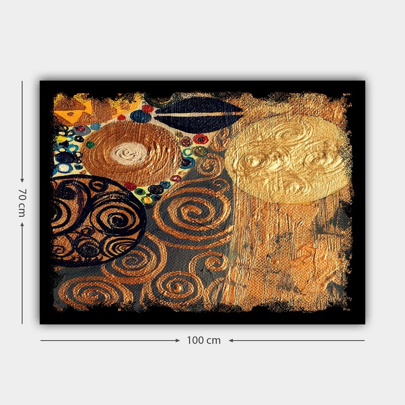Canvas taulu 70x100 cm - Abstrakti taideteos, jossa on spiraaleja ja ympyröitä kultaisissa ja tummissa sävyissä - Kulta / Musta / Ruskea - Sisustustuotteet - Taulu & taide - Canvas-taulu