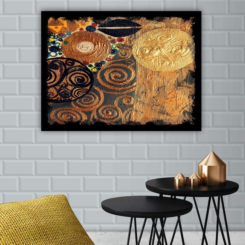 Canvas taulu 70x100 cm - Abstrakti taideteos, jossa on spiraaleja ja ympyröitä kultaisissa ja tummissa sävyissä - Kulta / Musta / Ruskea - Sisustustuotteet - Taulu & taide - Canvas-taulu