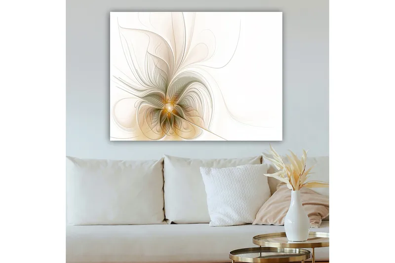 Canvas taulu 70x100 cm - Abstrakti taideteos kelluvilla viivoilla ja muodoilla, jotka luovat liikkeen ja valon tunteen - Vaaleanbeige / Kulta / Harmaa - Sisustustuotteet - Taulu & taide - Canvas-taulu