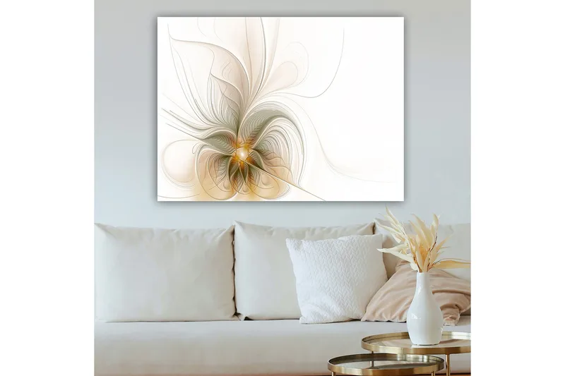 Canvas taulu 70x100 cm - Abstrakti taideteos kelluvilla viivoilla ja muodoilla, jotka luovat liikkeen ja valon tunteen - Vaaleanbeige / Kulta / Harmaa - Sisustustuotteet - Taulu & taide - Canvas-taulu