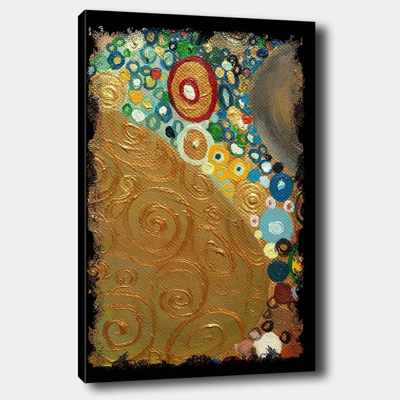 Canvas taulu 70x100 cm - Abstrakti taideteos kultaisilla spiraaleilla ja värikkäillä ympyröillä, Kulta / Sininen / Vihreä