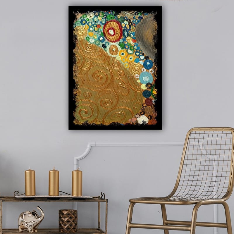 Canvas taulu 70x100 cm - Abstrakti taideteos kultaisilla spiraaleilla ja värikkäillä ympyröillä - Kulta / Sininen / Vihreä - Sisustustuotteet - Taulu & taide - Canvas-taulu