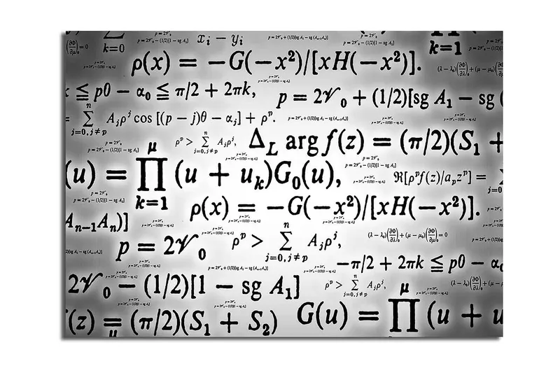 Canvas taulu 70x100 cm - Abstrakti taideteos matemaattisilla kaavoilla ja symboleilla mustavalkoisena, Musta / Valkoinen