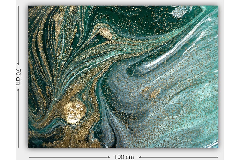 Canvas taulu 70x100 cm - Abstrakti taideteos mustilla ja kultaisilla kuvioilla, jotka luovat liikkeen ja syvyyden tunteen - Tummanvihreä / Kulta / Vaaleansininen - Sisustustuotteet - Taulu & taide - Canvas-taulu