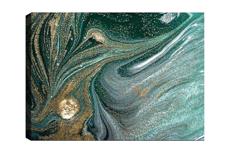 Canvas taulu 70x100 cm - Abstrakti taideteos mustilla ja kultaisilla kuvioilla, jotka luovat liikkeen ja syvyyden tunteen, Tummanvihreä / Kulta / Vaaleansininen