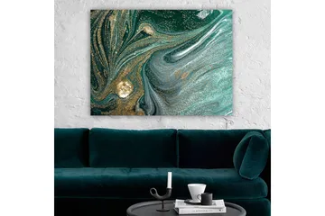 Canvas taulu 70x100 cm - Abstrakti taideteos mustilla ja kultaisilla kuvioilla, jotka luovat liikkeen ja syvyyden tunteen - Tummanvihreä / Kulta / Vaaleansininen - Sisustustuotteet - Taulu & taide - Canvas-taulu
