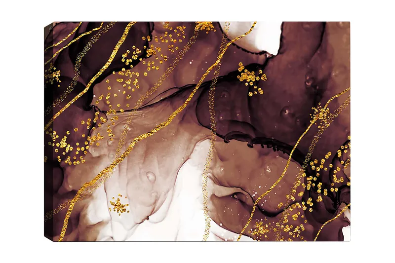 Canvas taulu 70x100 cm - Abstrakti taideteos virtaavilla muodoilla ja kultaisilla yksityiskohdilla, Tummanruskea / Kulta / Beige