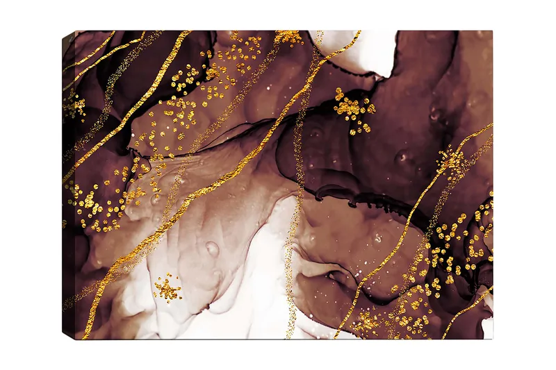Canvas taulu 70x100 cm - Abstrakti taideteos virtaavilla muodoilla ja kultaisilla yksityiskohdilla, Tummanruskea / Kulta / Beige