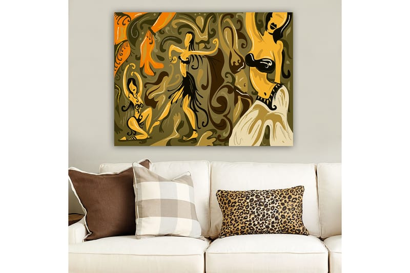 Canvas taulu 70x100 cm - Abstrakti tanssiaihe, jossa naishahmot ovat eloisissa asennoissa - Kulta / Ruskea / Oliivinvihreä - Sisustustuotteet - Taulu & taide - Canvas-taulu