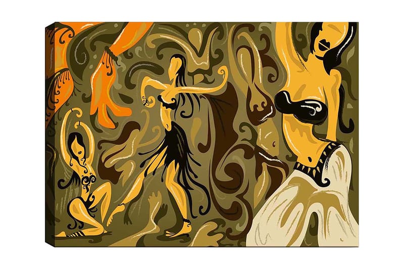 Canvas taulu 70x100 cm - Abstrakti tanssiaihe, jossa naishahmot ovat eloisissa asennoissa, Kulta / Ruskea / Oliivinvihreä