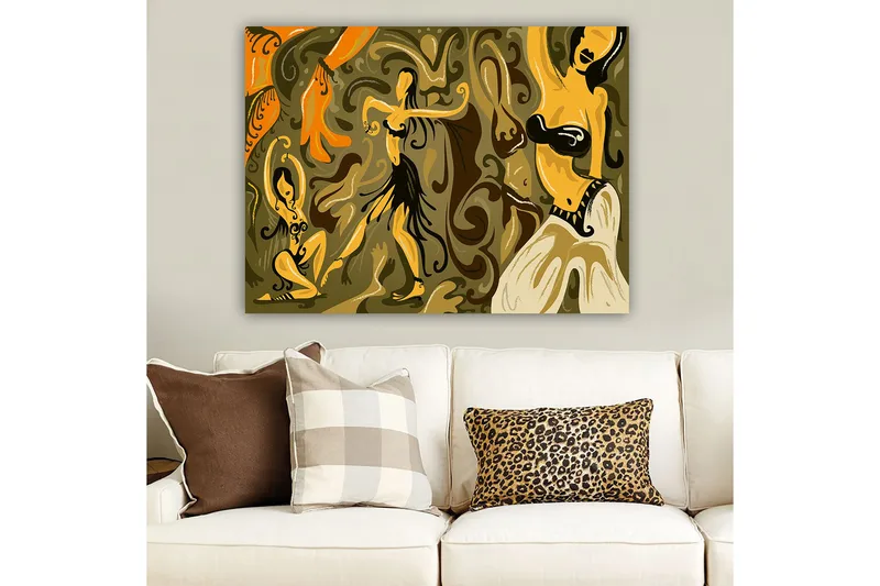 Canvas taulu 70x100 cm - Abstrakti tanssiaihe, jossa naishahmot ovat eloisissa asennoissa - Kulta / Ruskea / Oliivinvihreä - Sisustustuotteet - Taulu & taide - Canvas-taulu