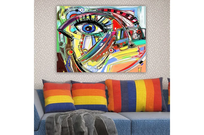 Canvas taulu 70x100 cm - Abstrakti tulkinta kasvoista, joissa keskitytään silmään, Sininen / Keltainen / Punainen