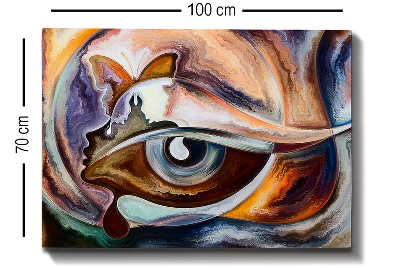 Canvas taulu 70x100 cm - Abstrakti tulkinta silmästä perhosen elementeillä ja kasvojen profiililla - Sininen / Ruskea / Oranssi - Sisustustuotteet - Taulu & taide - Canvas-taulu