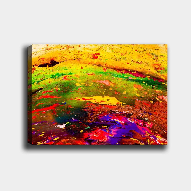 Canvas taulu 70x100 cm - Abstrakti värien räjähdys dynaamisilla kuvioilla ja eloisilla sävyillä, Keltainen / Vihreä / Punainen