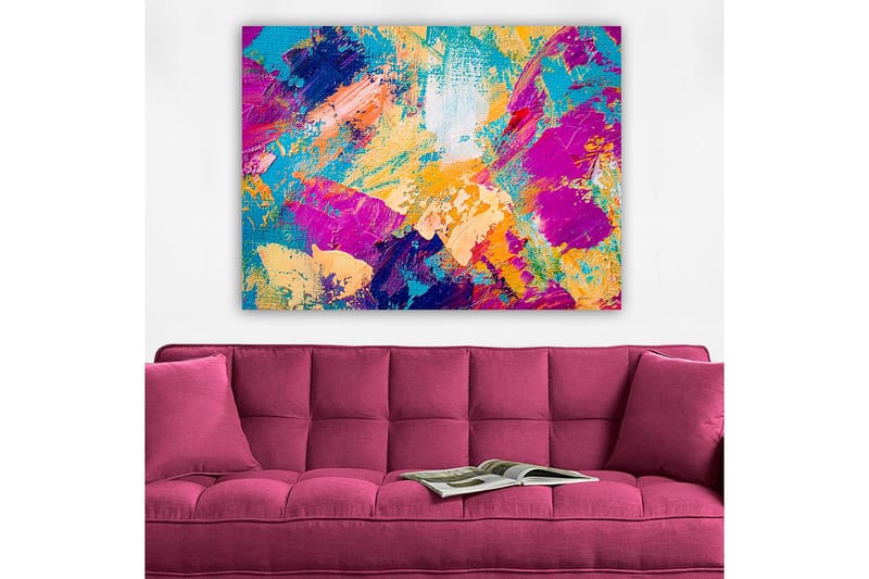 Canvas taulu 70x100 cm - Abstrakti värien räjähdys eloisilla sävyillä, jotka luovat dynaamisen tunnelman - Turkoosi / Violetti / Oranssi - Sisustustuotteet - Taulu & taide - Canvas-taulu