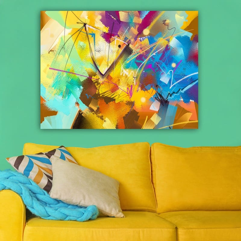 Canvas taulu 70x100 cm - Abstrakti värikäs sommitelma dynaamisilla muodoilla ja viivoilla - Keltainen / Sininen / Turkoosi - Sisustustuotteet - Taulu & taide - Canvas-taulu