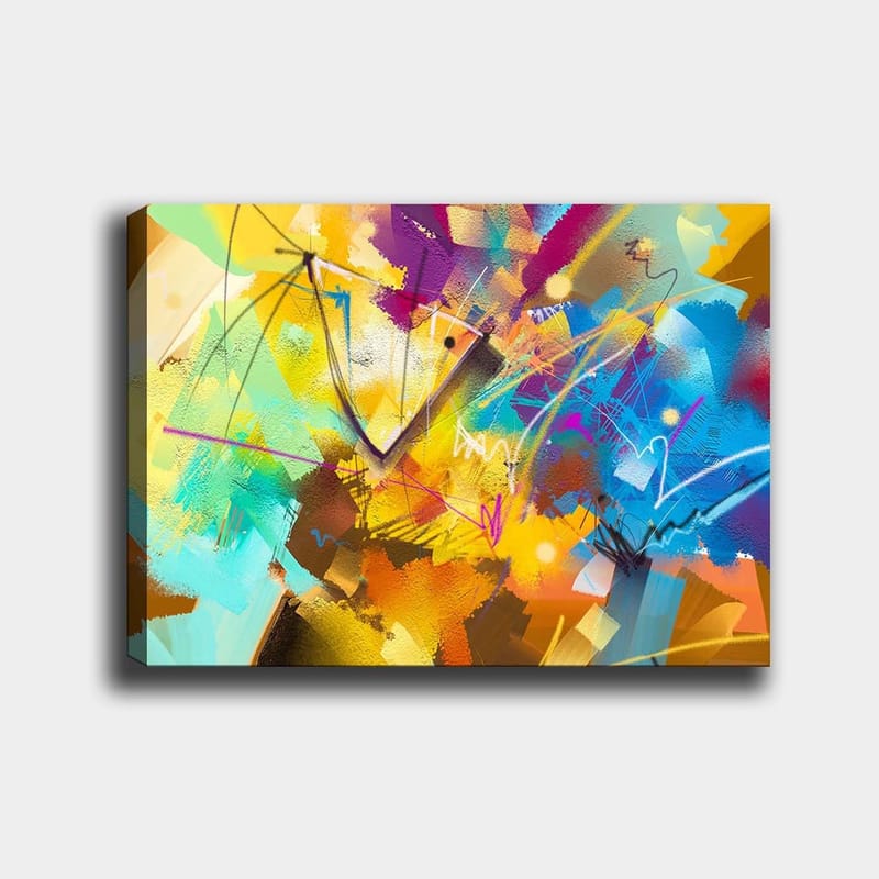 Canvas taulu 70x100 cm - Abstrakti värikäs sommitelma dynaamisilla muodoilla ja viivoilla, Keltainen / Sininen / Turkoosi