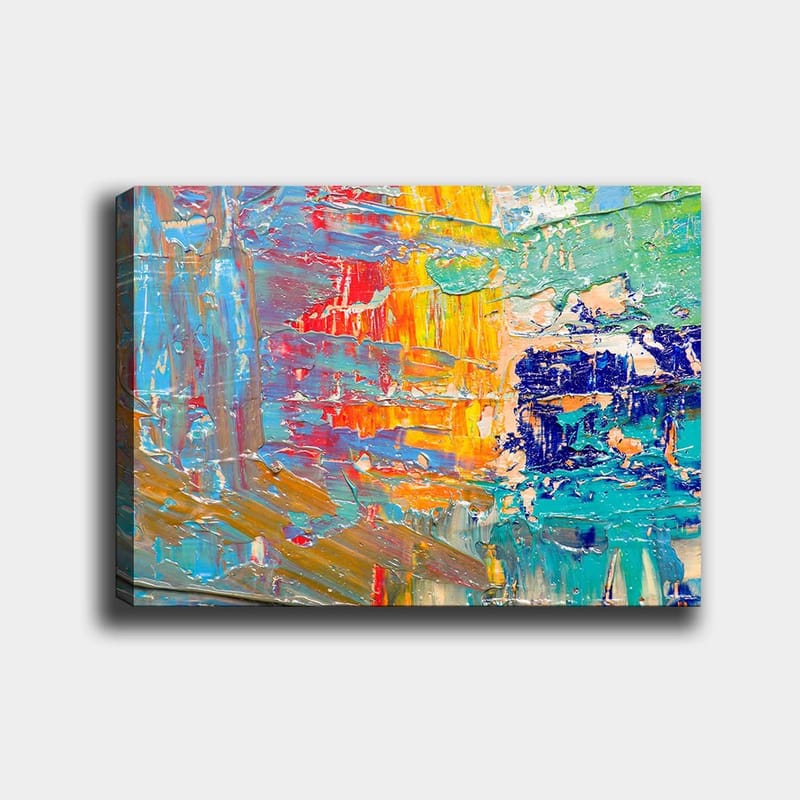 Canvas taulu 70x100 cm - Abstrakti värileikki sinisen, keltaisen ja oranssin elementeillä, Sininen / Keltainen / Oranssi