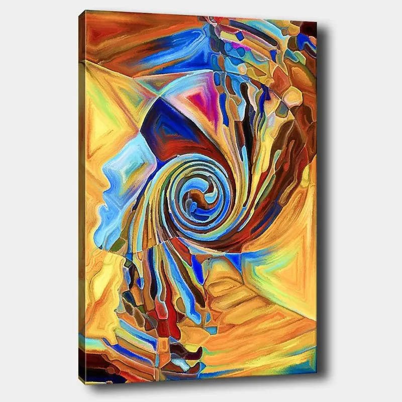 Canvas taulu 70x100 cm - Abstrakti veistos, joka kuvaa spiraalinmuotoista kasvoprofiilia lämpimin värein, Oranssi / Sininen / Ruskea