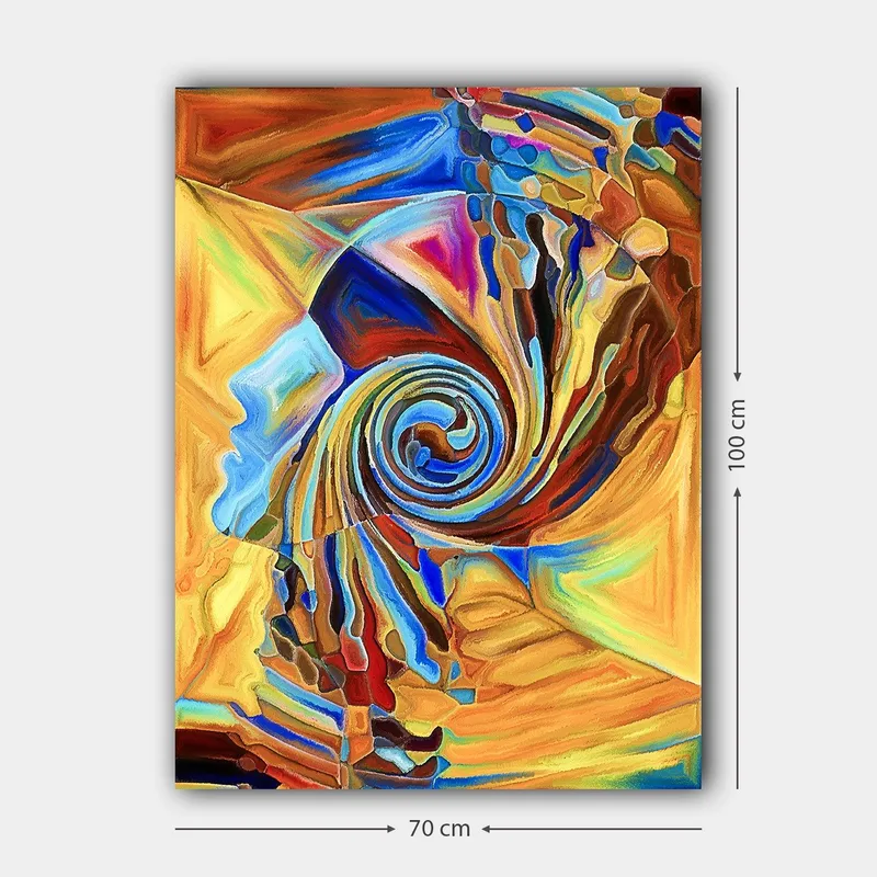 Canvas taulu 70x100 cm - Abstrakti veistos, joka kuvaa spiraalinmuotoista kasvoprofiilia lämpimin värein - Oranssi / Sininen / Ruskea - Sisustustuotteet - Taulu & taide - Canvas-taulu
