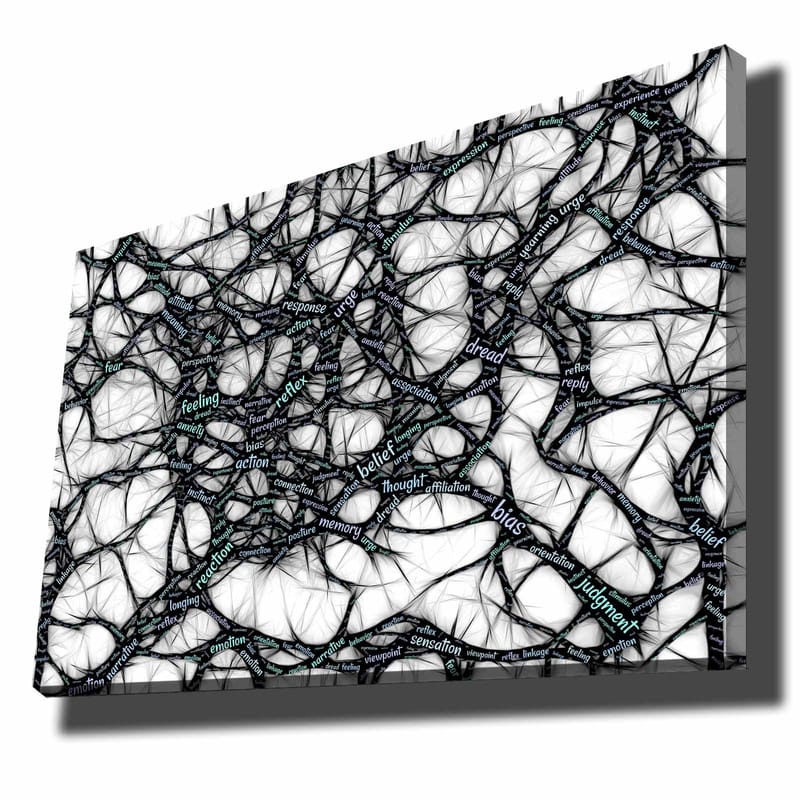 Canvas taulu 70x100 cm - Abstrakti verkosto sanoja, jotka ilmaisevat tunteita ja ajatuksia, Musta / Vaaleansininen / Valkoinen