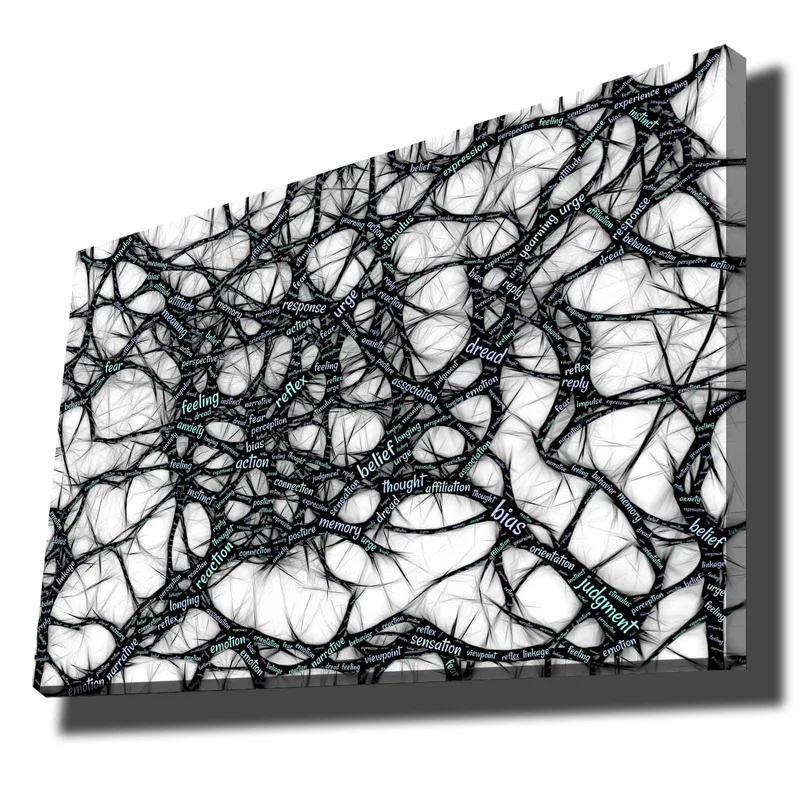 Canvas taulu 70x100 cm - Abstrakti verkosto sanoja, jotka ilmaisevat tunteita ja ajatuksia, Musta / Vaaleansininen / Valkoinen