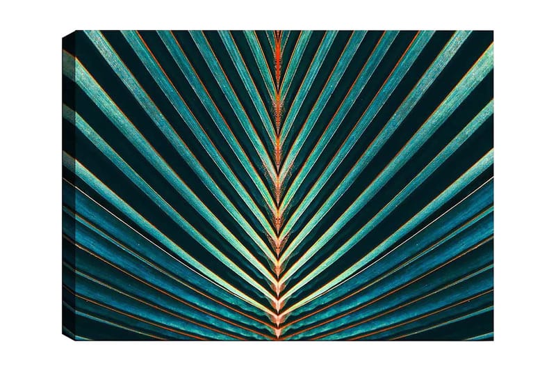 Canvas taulu 70x100 cm - Abstrakti palmunlehtisommitelma selkeillä viivoilla ja symmetrialla, Tummanvihreä / Turkoosi / Oranssi