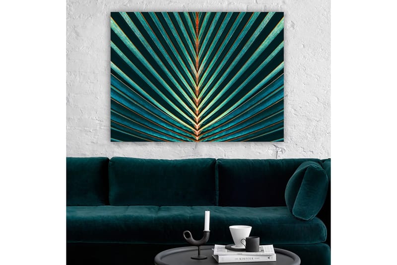 Canvas taulu 70x100 cm - Abstrakti palmunlehtisommitelma selkeillä viivoilla ja symmetrialla - Tummanvihreä / Turkoosi / Oranssi - Sisustustuotteet - Taulu & taide - Canvas-taulu