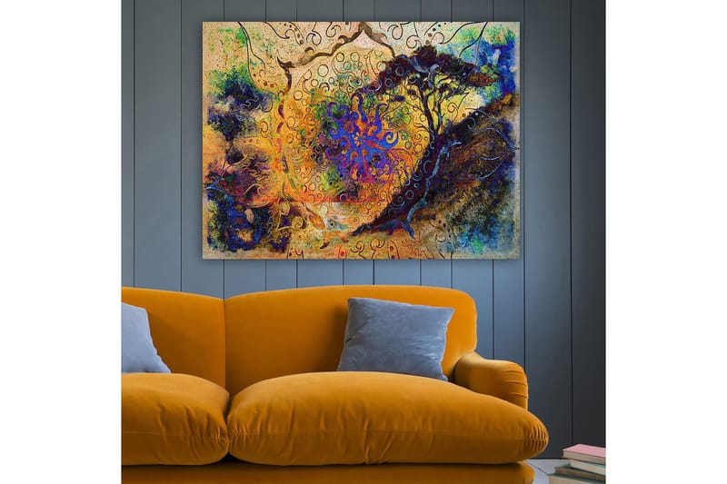 Canvas taulu 70x100 cm - Abstrakti puu spiraaleilla ja värikkäillä kuvioilla unenomaisessa sommitelmassa - Sininen / Oranssi / Violetti - Sisustustuotteet - Taulu & taide - Canvas-taulu