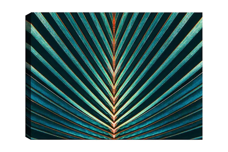 Canvas taulu 70x100 cm - Abstrakti palmunlehtisommitelma selkeillä viivoilla ja symmetrialla, Tummanvihreä / Turkoosi / Oranssi