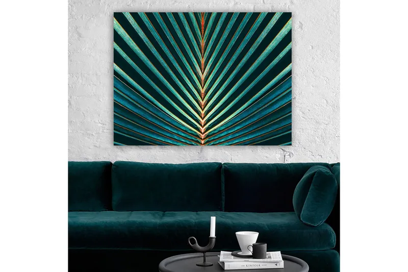 Canvas taulu 70x100 cm - Abstrakti palmunlehtisommitelma selkeillä viivoilla ja symmetrialla - Tummanvihreä / Turkoosi / Oranssi - Sisustustuotteet - Taulu & taide - Canvas-taulu