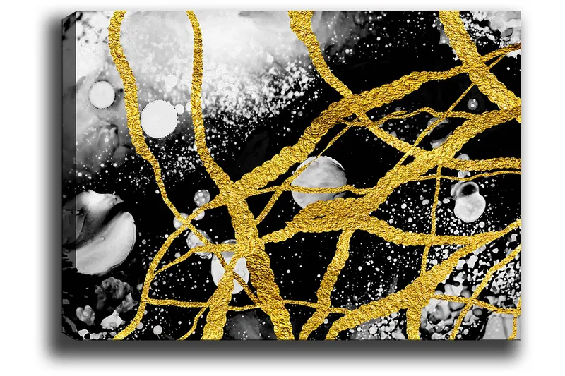 Canvas taulu 70x100 cm - Abstraktia taidetta, jossa kultaiset langat luovat dynaamisia viivoja mustavalkoista taustaa vasten - Kulta / Musta / Valkoinen - Sisustustuotteet - Taulu & taide - Canvas-taulu