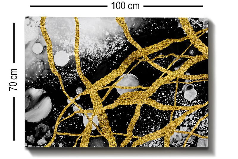 Canvas taulu 70x100 cm - Abstraktia taidetta, jossa kultaiset langat luovat dynaamisia viivoja mustavalkoista taustaa vasten - Kulta / Musta / Valkoinen - Sisustustuotteet - Taulu & taide - Canvas-taulu