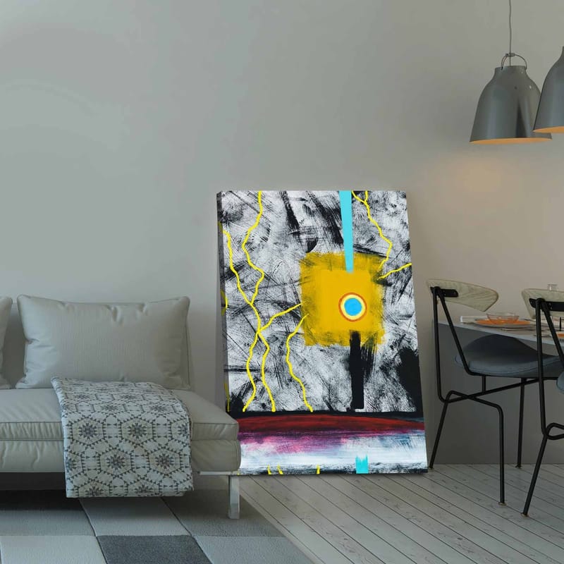 Canvas taulu 70x100 cm - Abstraktia taidetta, jossa on keskellä keltainen neliö ja sininen ympyrä, jota ympäröivät mustavalkoiset viivat, Keltainen / Musta / Sininen